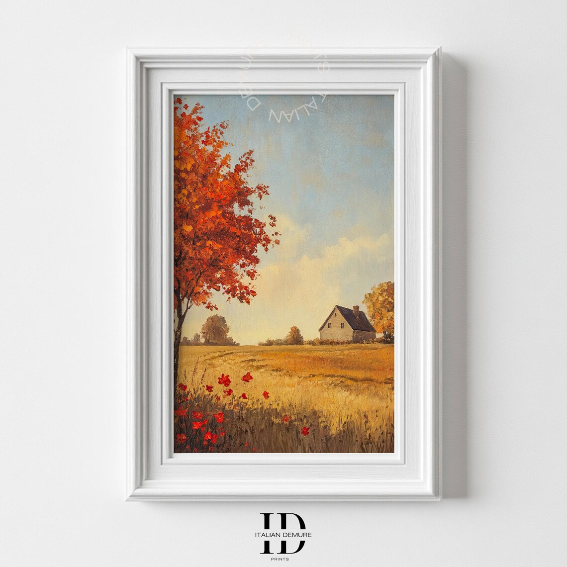 Autumn Farmhouse Landscape With Red Maple Tree Rustic Fall Print Warm Countryside Wall Art For Cozy Home Or Kitchen Decor