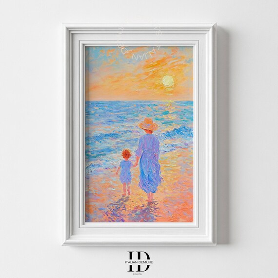 Mother And Child Beach Sunset Ocean Waves Impressionist Art Poster