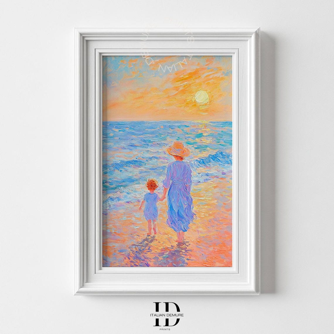 Mother And Child Beach Sunset Ocean Waves Impressionist Art Poster