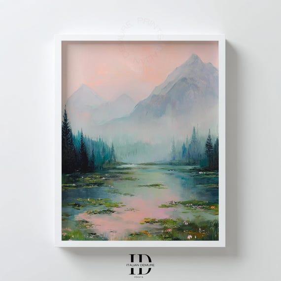 Pastel Mountain Lake Wall Art Landscape Watercolor Painting Serene Forest Pond Decor Misty Mountains