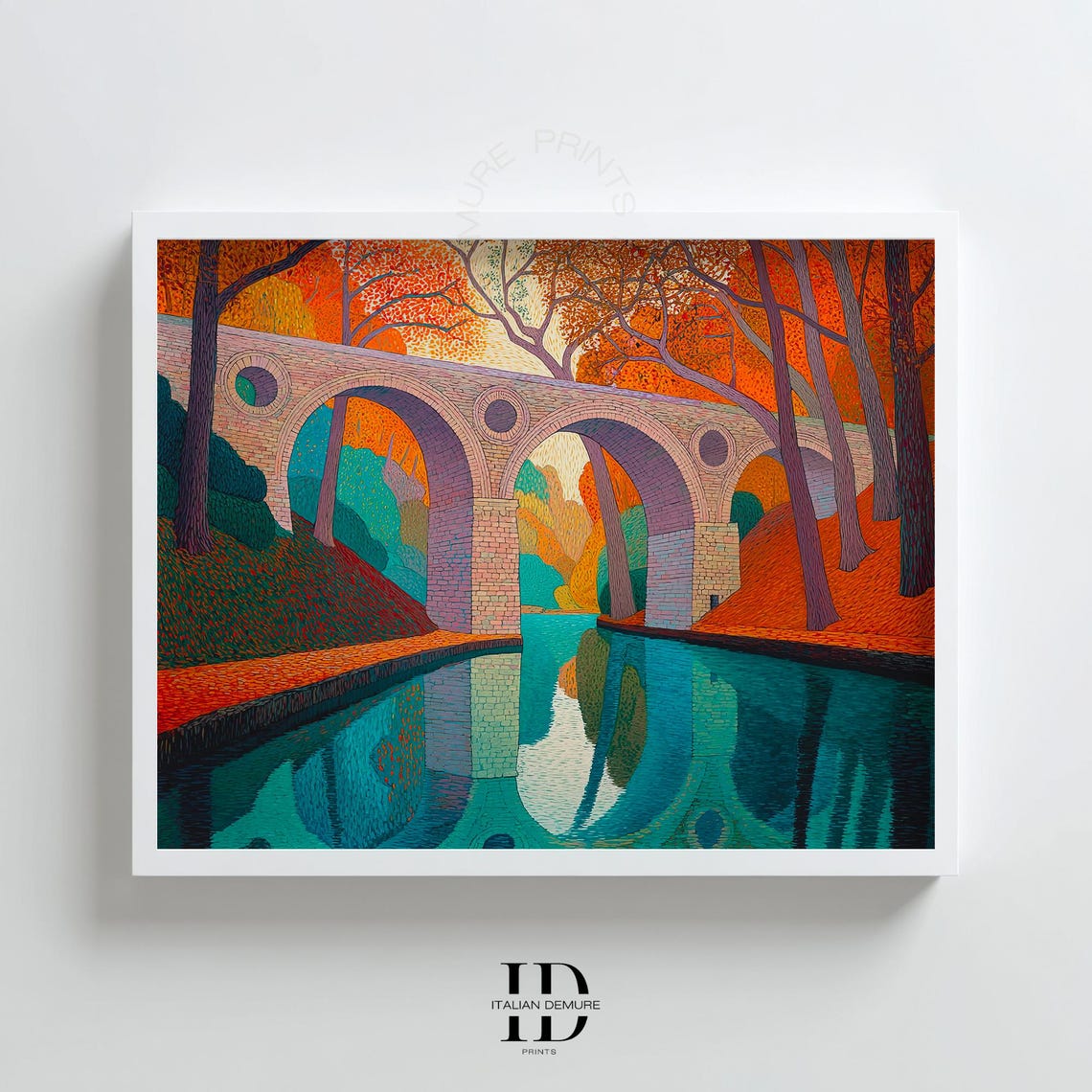Stone Aqueduct Autumn River Reflections Pointillist Fall Poster