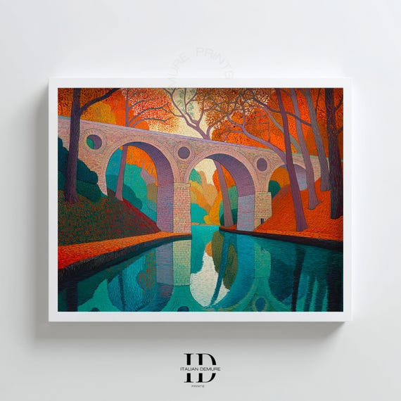 Colorful Stone Bridge Wall Art Abstract River Landscape Print Impressionist Poster Teal Orange Decor For Living Room