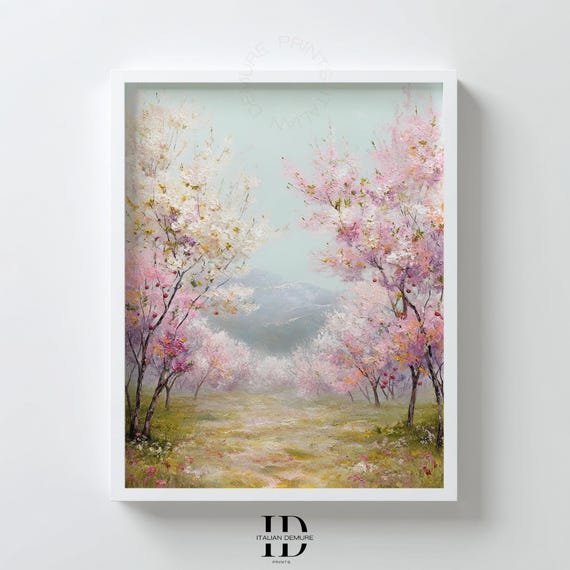 Cherry Blossom Wall Art Spring Floral Landscape Print Pink Trees Poster Mountain Garden Path Decor Nature Painting
