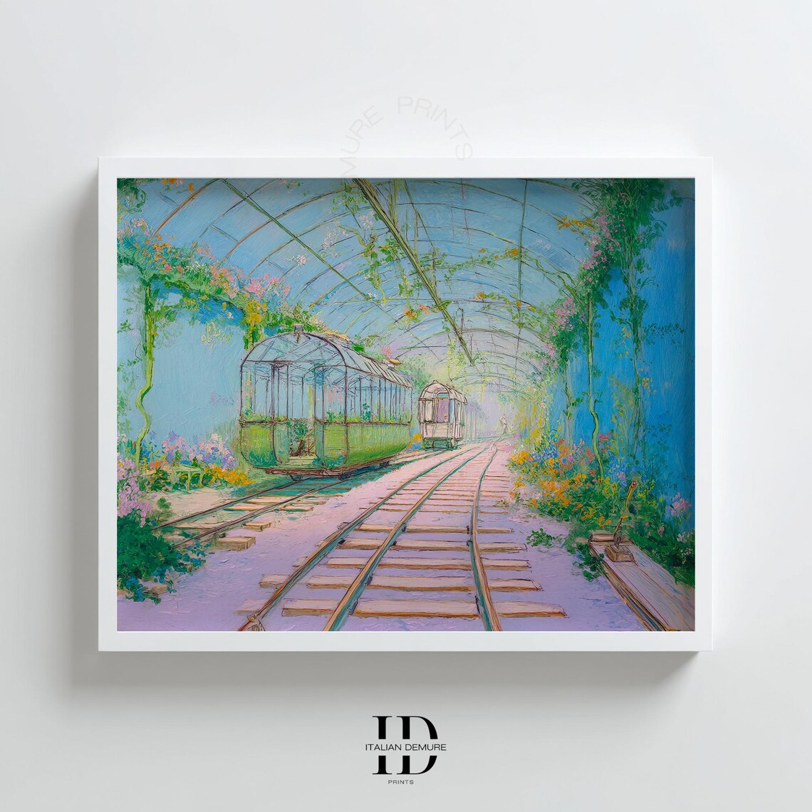 Glass Tram Floral Tunnel Dreamy Pastel Botanical Fantasy Train Poster
