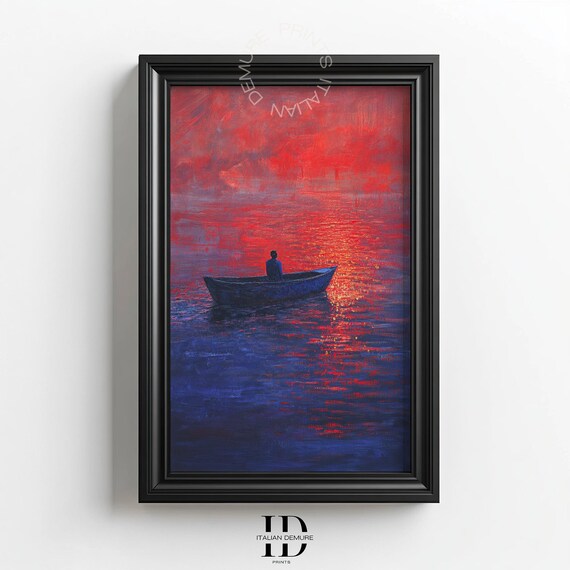 Moody Red Sunset Over Water With Solitary Figure In Rowboat Art Print