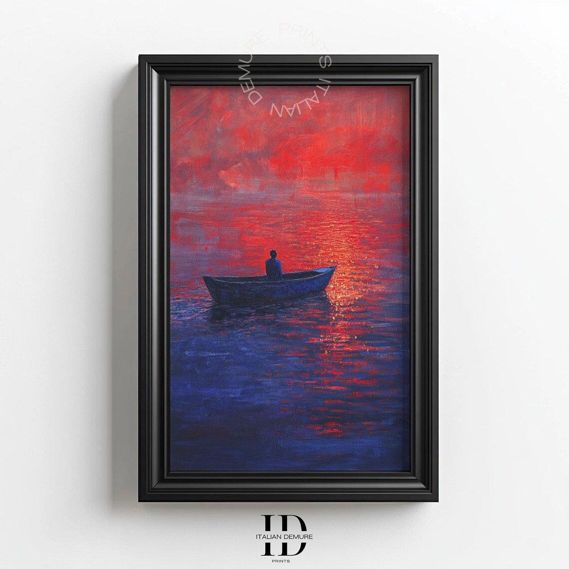 Moody Red Sunset Over Water With Solitary Figure In Rowboat Art Print