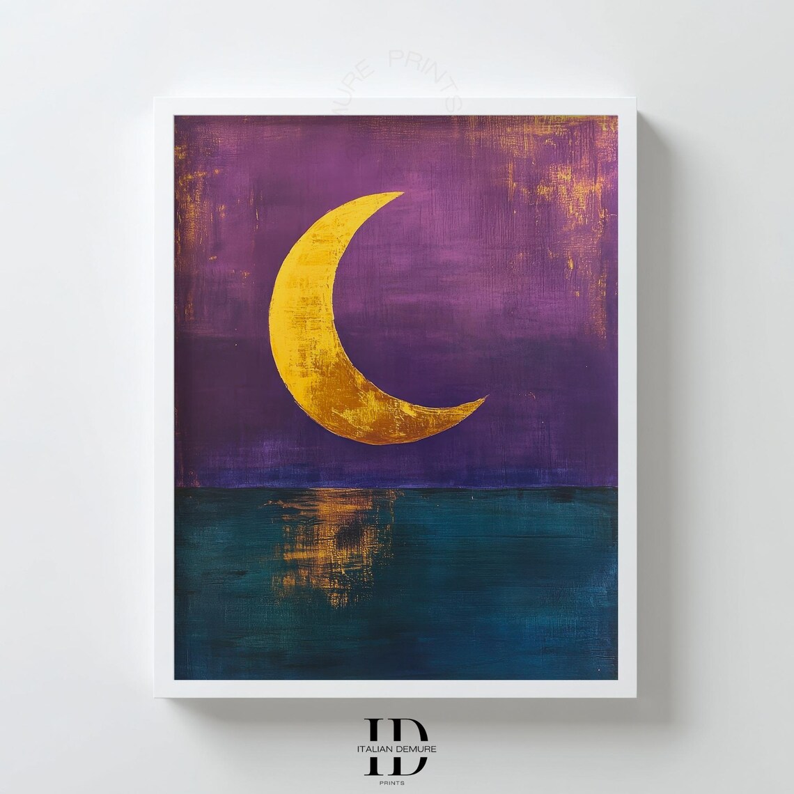Golden Crescent Moon Over Teal Ocean Under Purple Night Sky Poster