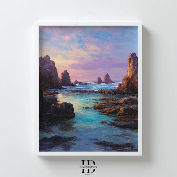 Rocky Coastal Sunset Pastel Ocean Cliff Seascape Painting Print