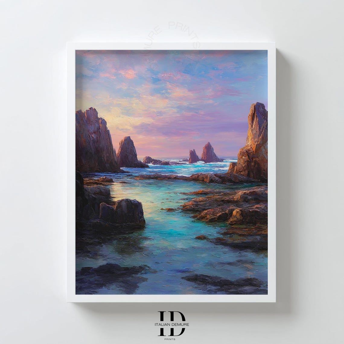 Rocky Coastal Sunset Pastel Ocean Cliff Seascape Painting Print