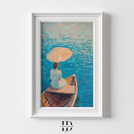 Serene Lady On Boat With Parasol Tranquil Lake Impressionist Art Print Peaceful Blue Water Wall Decor For Home Or Office