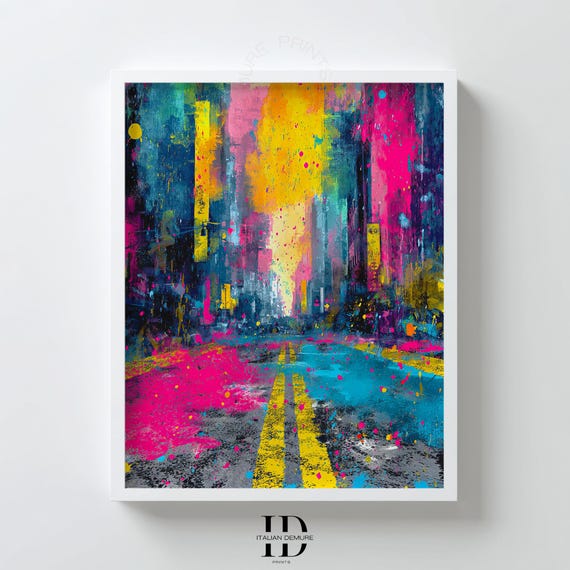 Neon Abstract Cityscape Print Vibrant Urban Street Art Colorful Splatter Modern Wall Decor Pop For Living Room