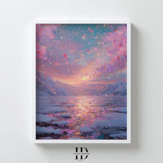 Cherry Blossom Sunset Wall Art Dreamy Landscape Print Pink Floral Sky Over Frozen Lake Ethereal Winter Scene Poster
