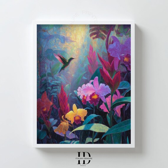 Tropical Hummingbird Wall Art Jungle Orchid Flower Print Colorful Exotic Bird Painting Lush Botanical Poster Decor