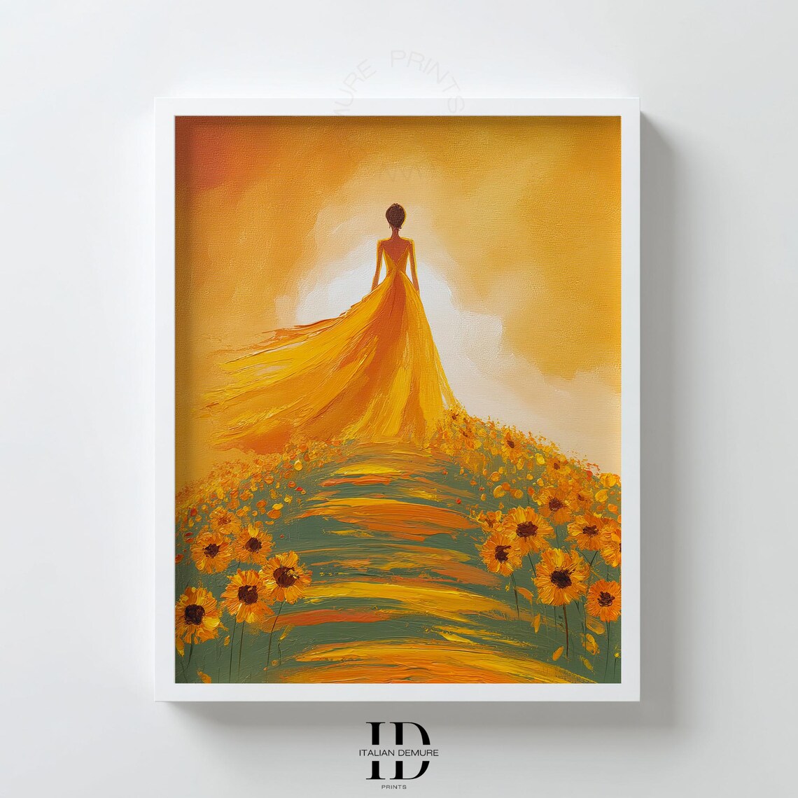Radiant Woman In Golden Dress Sunflower Field Sunset Art Poster