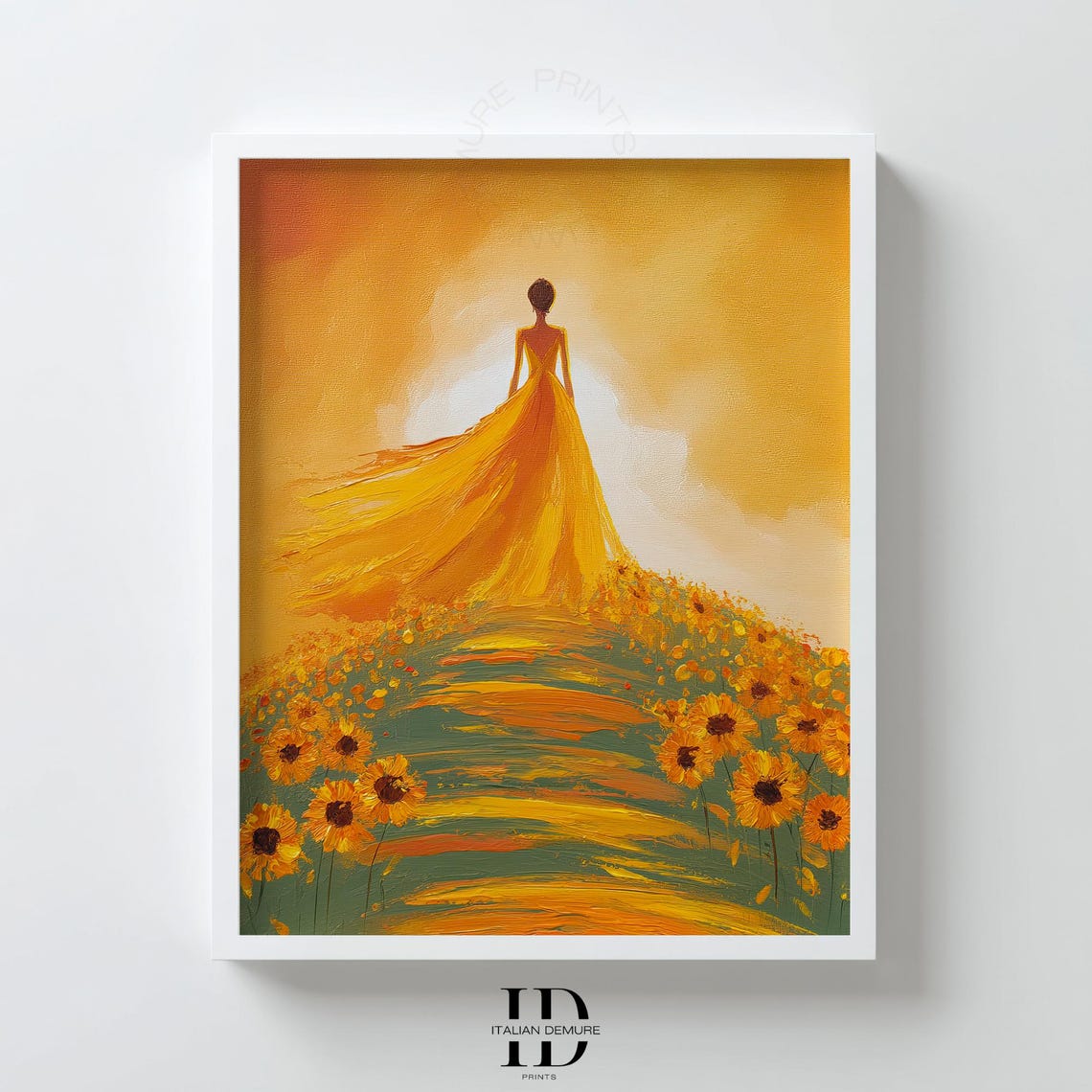 Sunflower Woman Wall Art Golden Dress Painting Print Radiant Feminine Silhouette Bold Yellow Field Poster Uplifting Decor