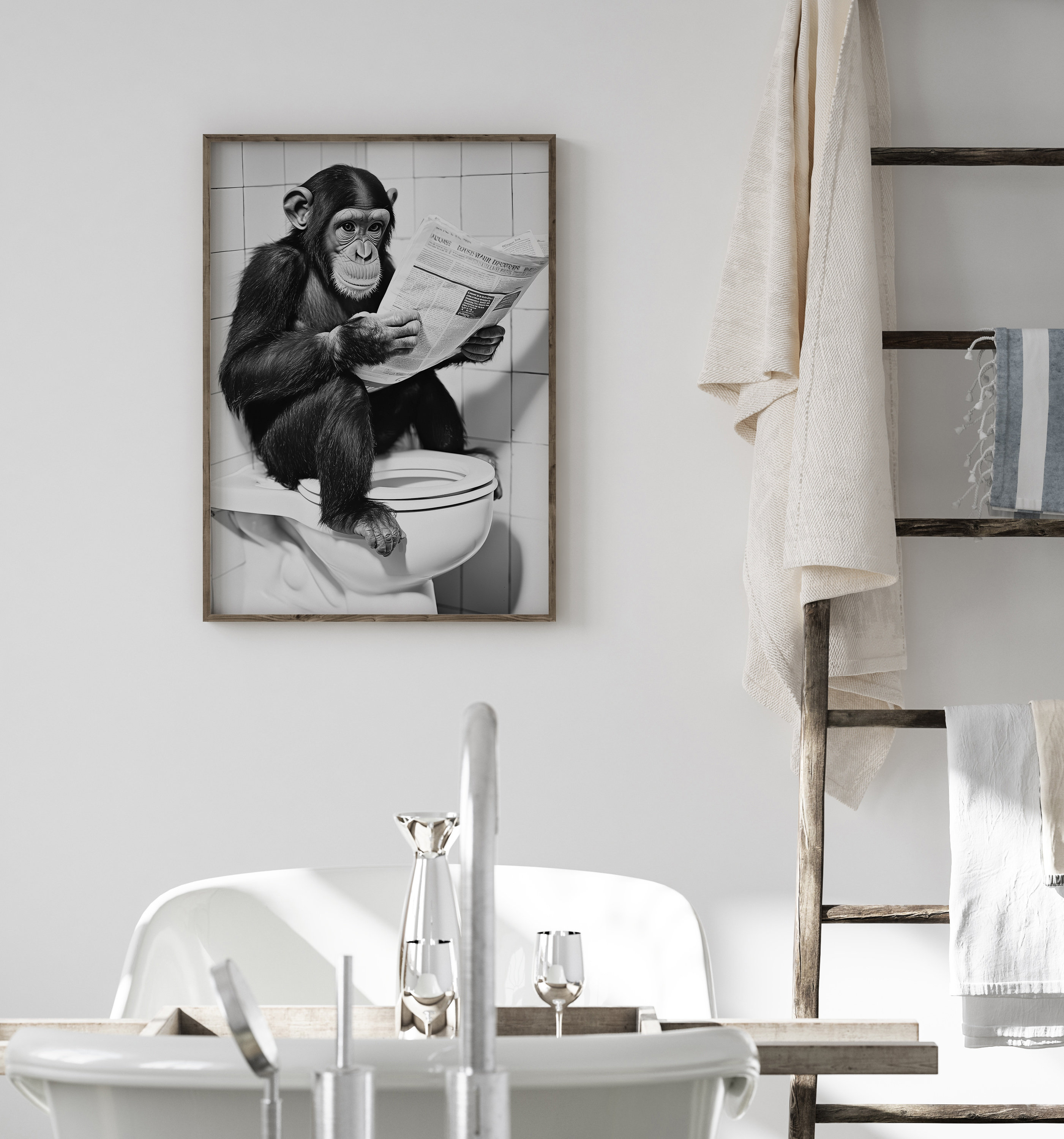 Monkey Sitting On Toilet Reading Newspaper, Funny Art Print - Image 3