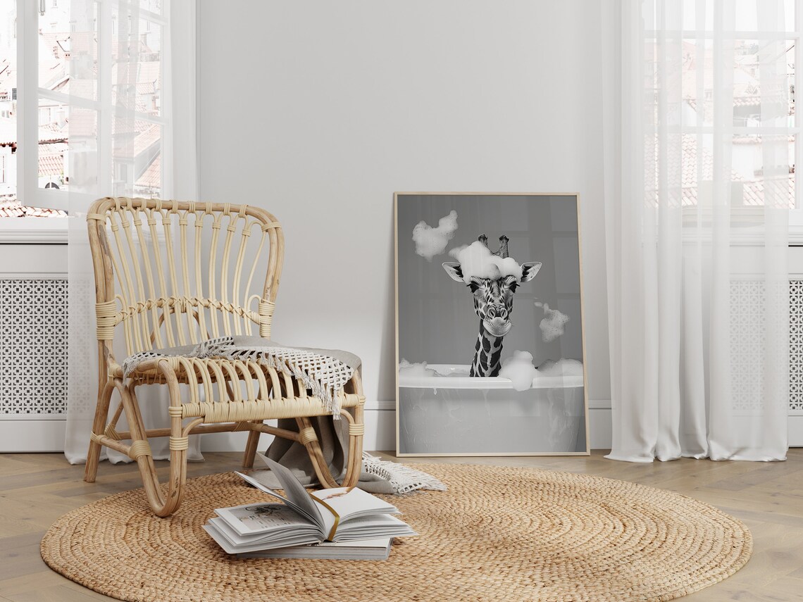 Cute Giraffe In A Bathtub, Funny Bathroom Art Print - Image 2