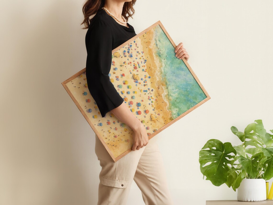 Aerial Beach Umbrella Poster, Watercolor Coastal View - Image 6