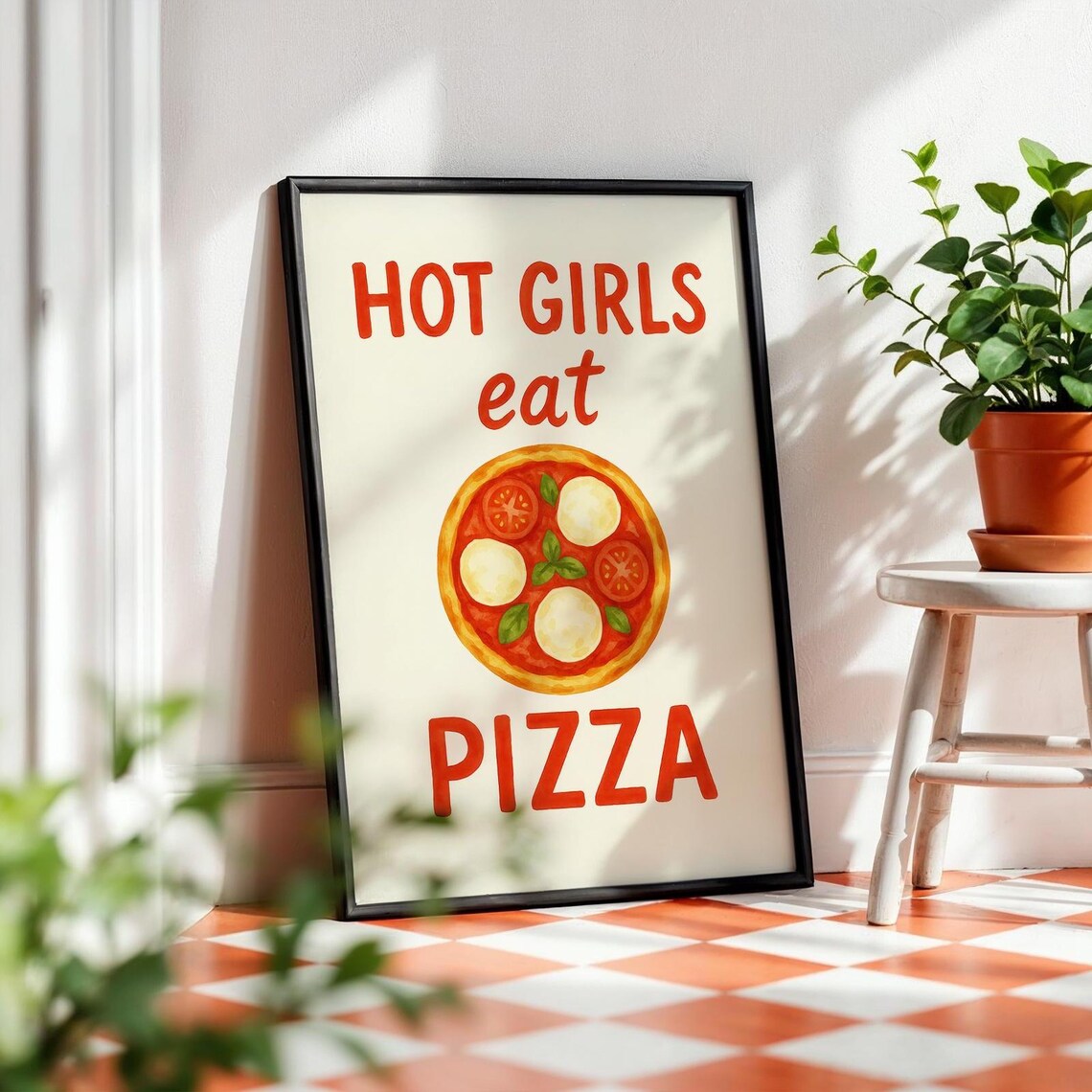 Hot Girls Eat Pizza, Watercolor Kitchen Quote