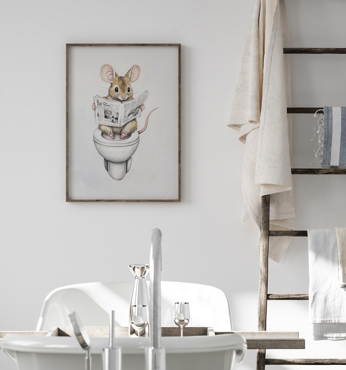 Mouse Reading A Newspaper Bathroom Art Print - Image 3