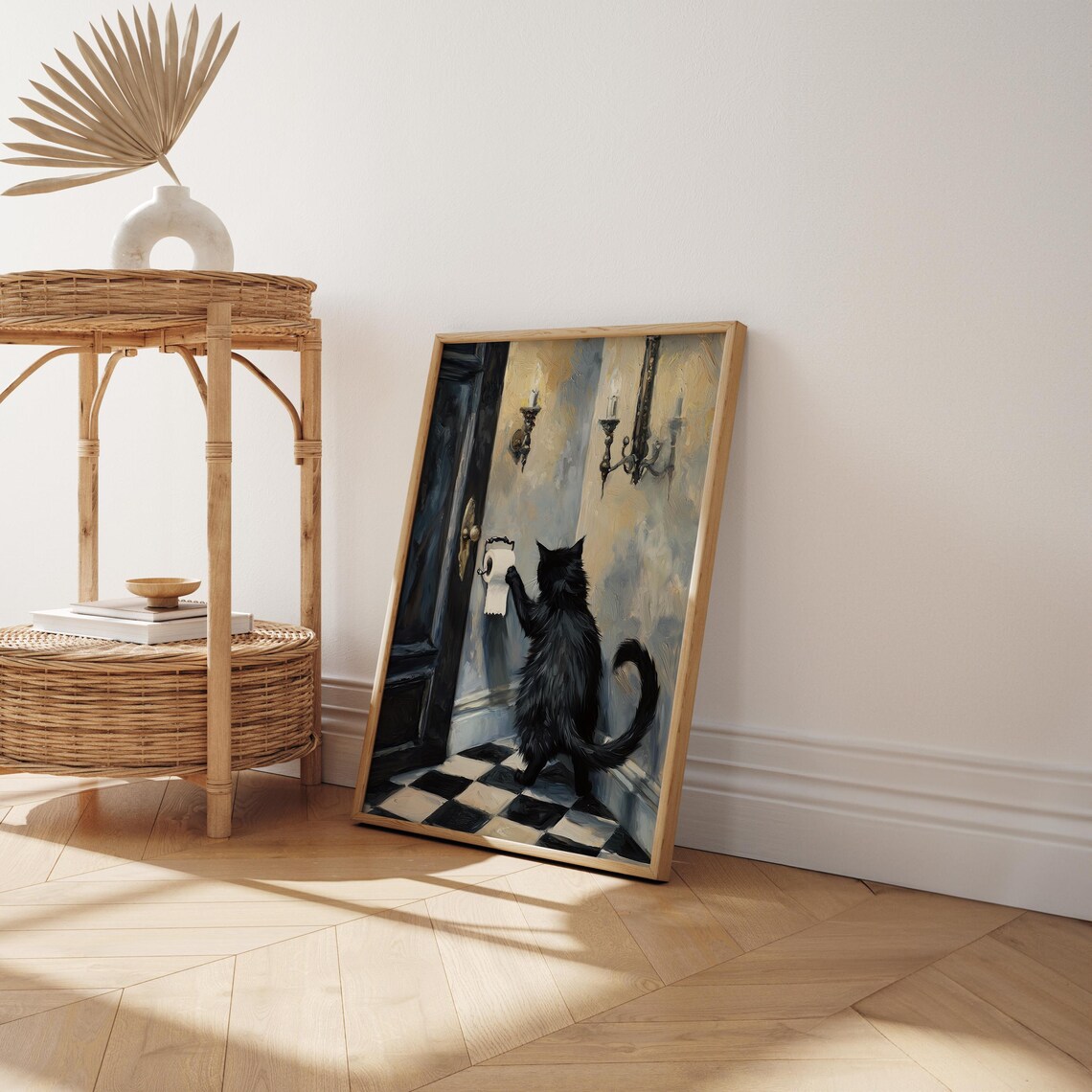Funny Bathroom Cat Art, Whimsical Checkered Pattern - Image 5