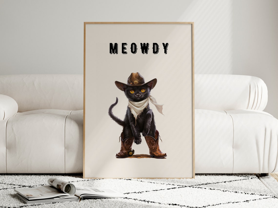 Meowdy Funny Black Cat Cowboy Cat Print - Image 4