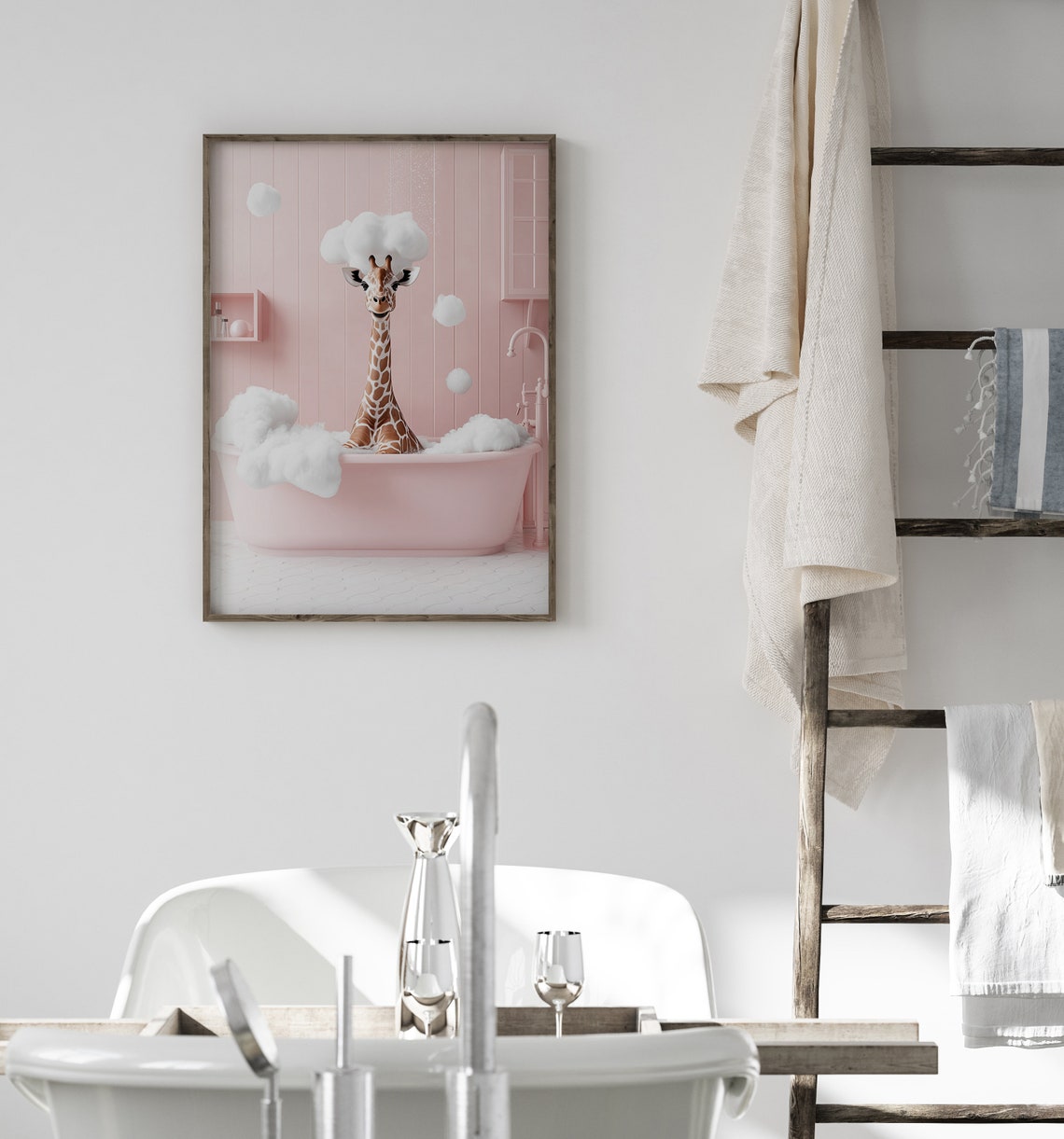 Cute Giraffe In A Bathtub Poster, Funny Bathroom Art - Image 3
