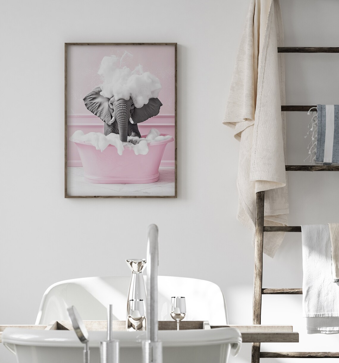 Cute Elephant In A Tub, Pink Bathroom Funny Print - Image 3