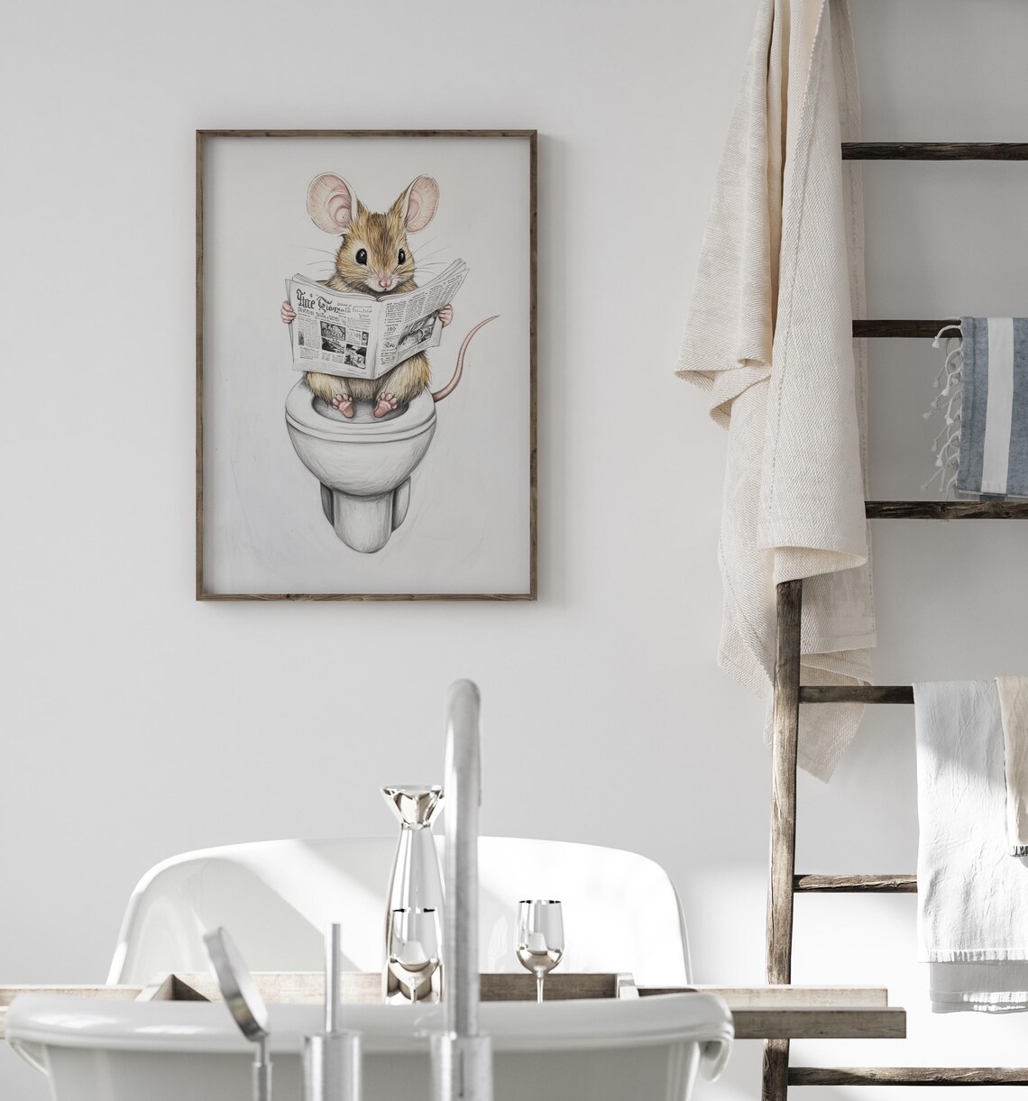 Mouse Reading A Newspaper Bathroom Art Print - Image 3