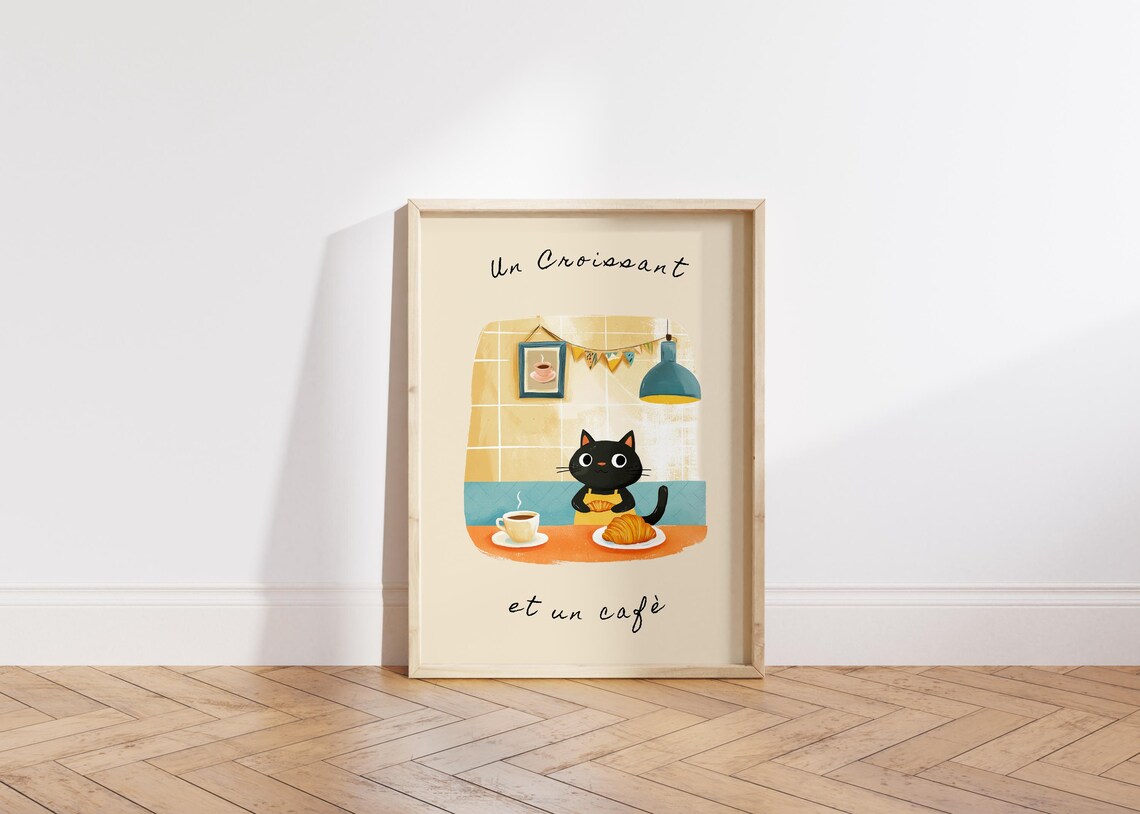 Un Croissant Et Un Caf Charming Cat Poster, Kitchen Decor - Image 5
