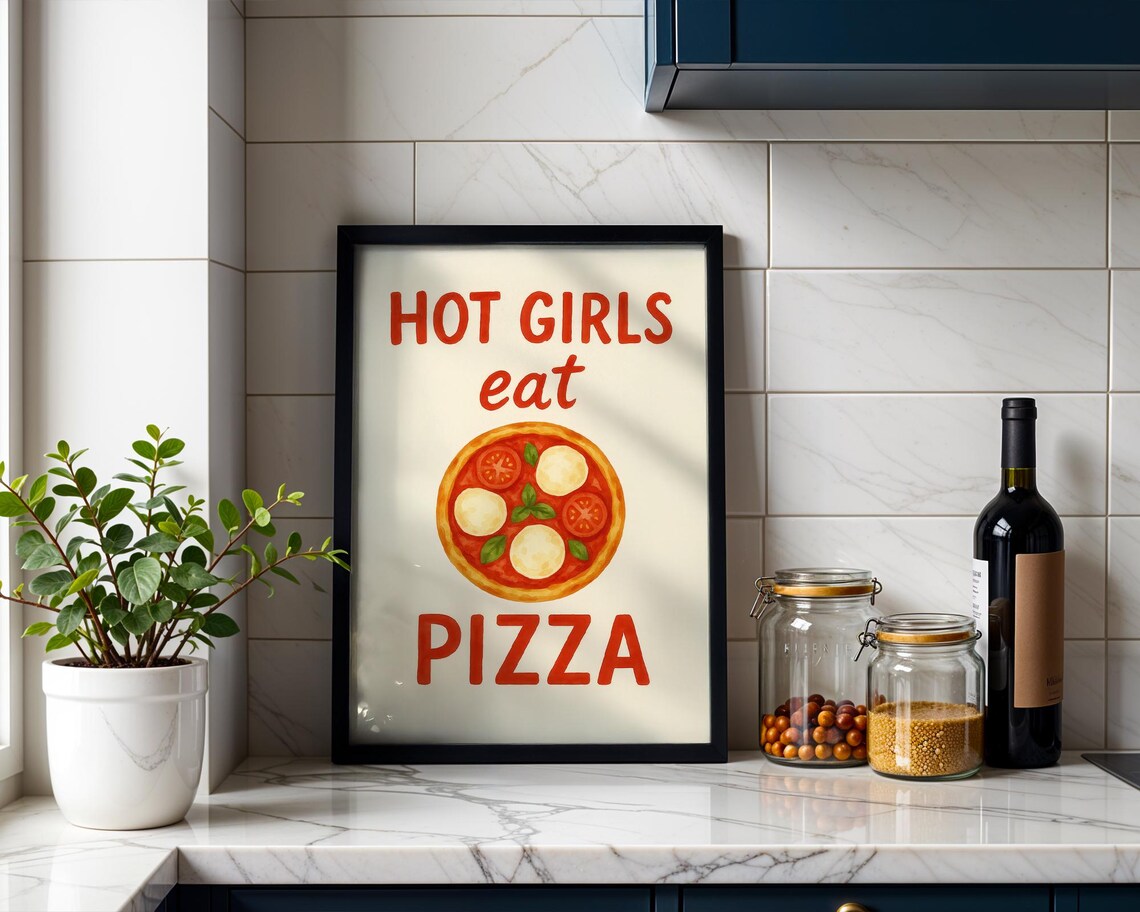 Hot Girls Eat Pizza, Watercolor Kitchen Quote - Image 3