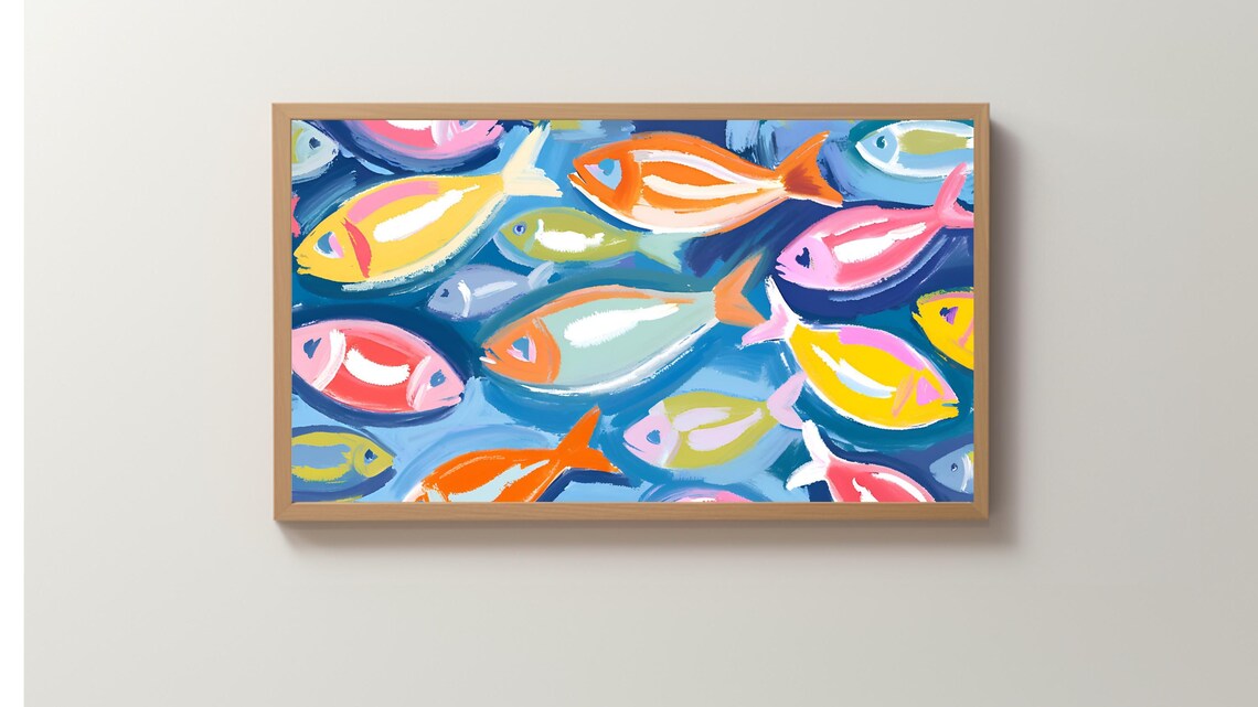 Colorful Tropical Fish School Bright Blue Ocean Painting Poster - Image 2