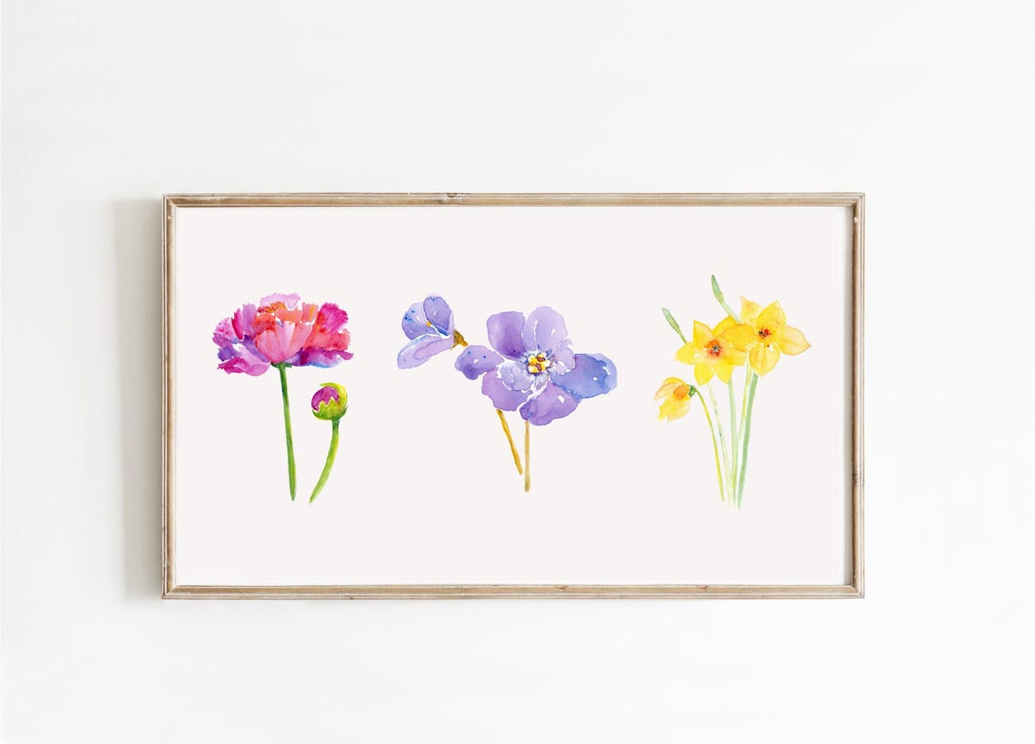 Watercolor Wildflower Trio Pink Purple Yellow Spring Art Poster