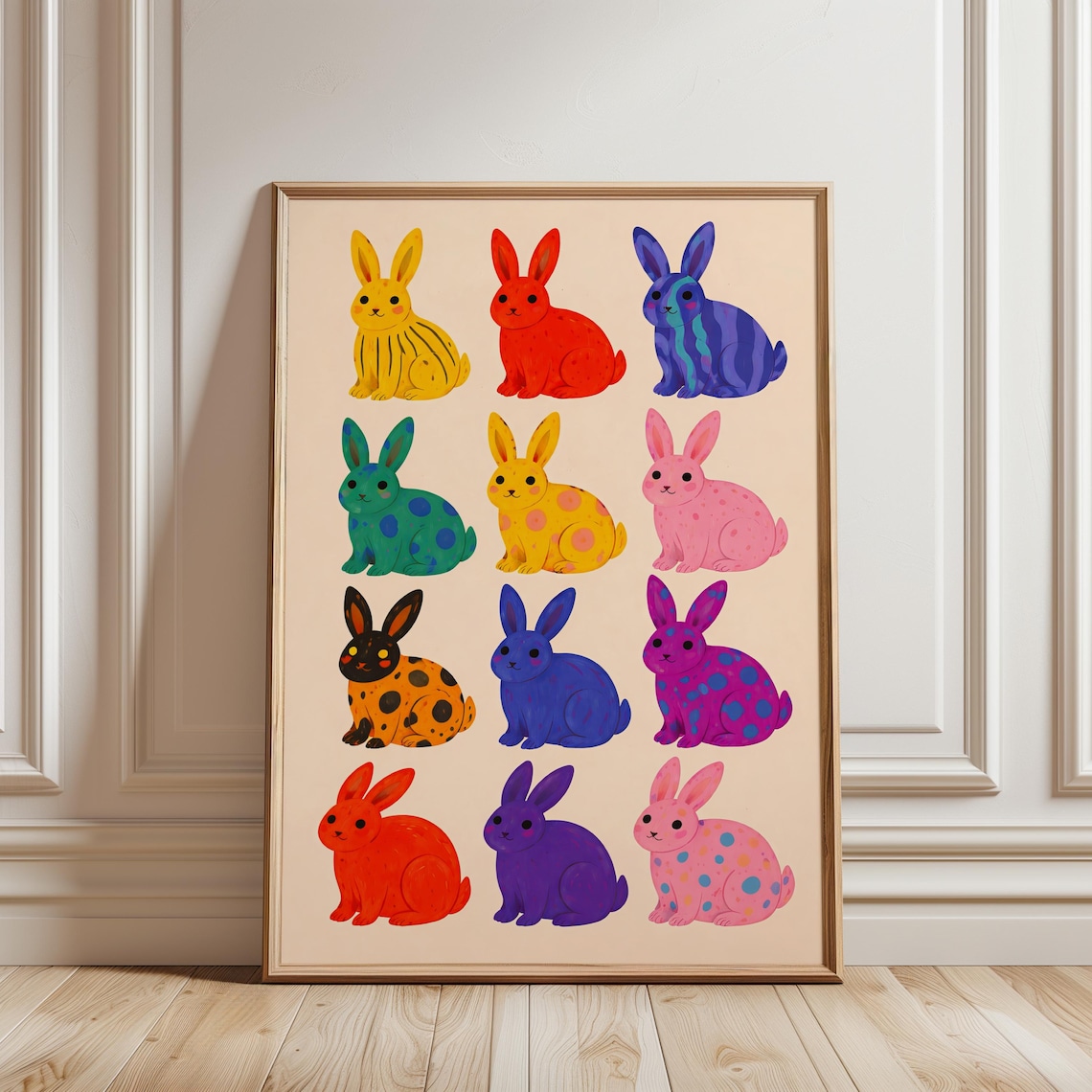 Colorful Rabbits Poster, Kitsch Nursery Decor