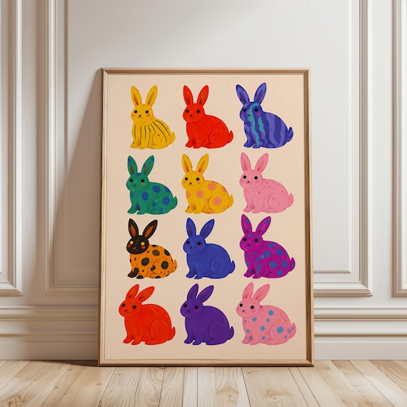 Colorful Rabbits Poster, Kitsch Nursery Decor