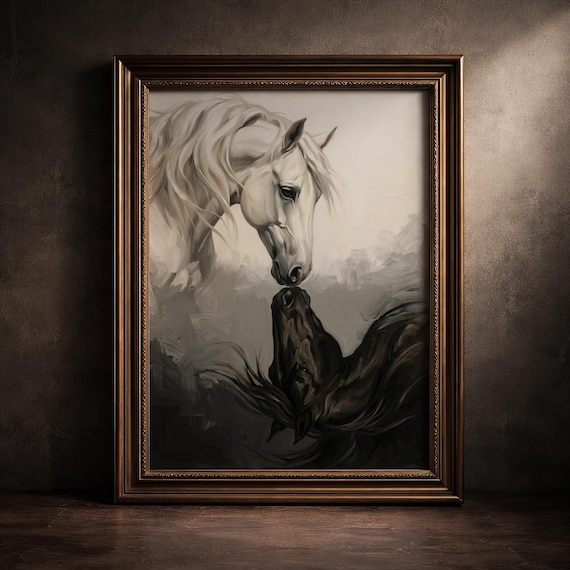 Yin Yang Horse Print Black White Wall Art Moody Equine Painting Dark Academia Decor Modern Farmhouse Poster Digital Download