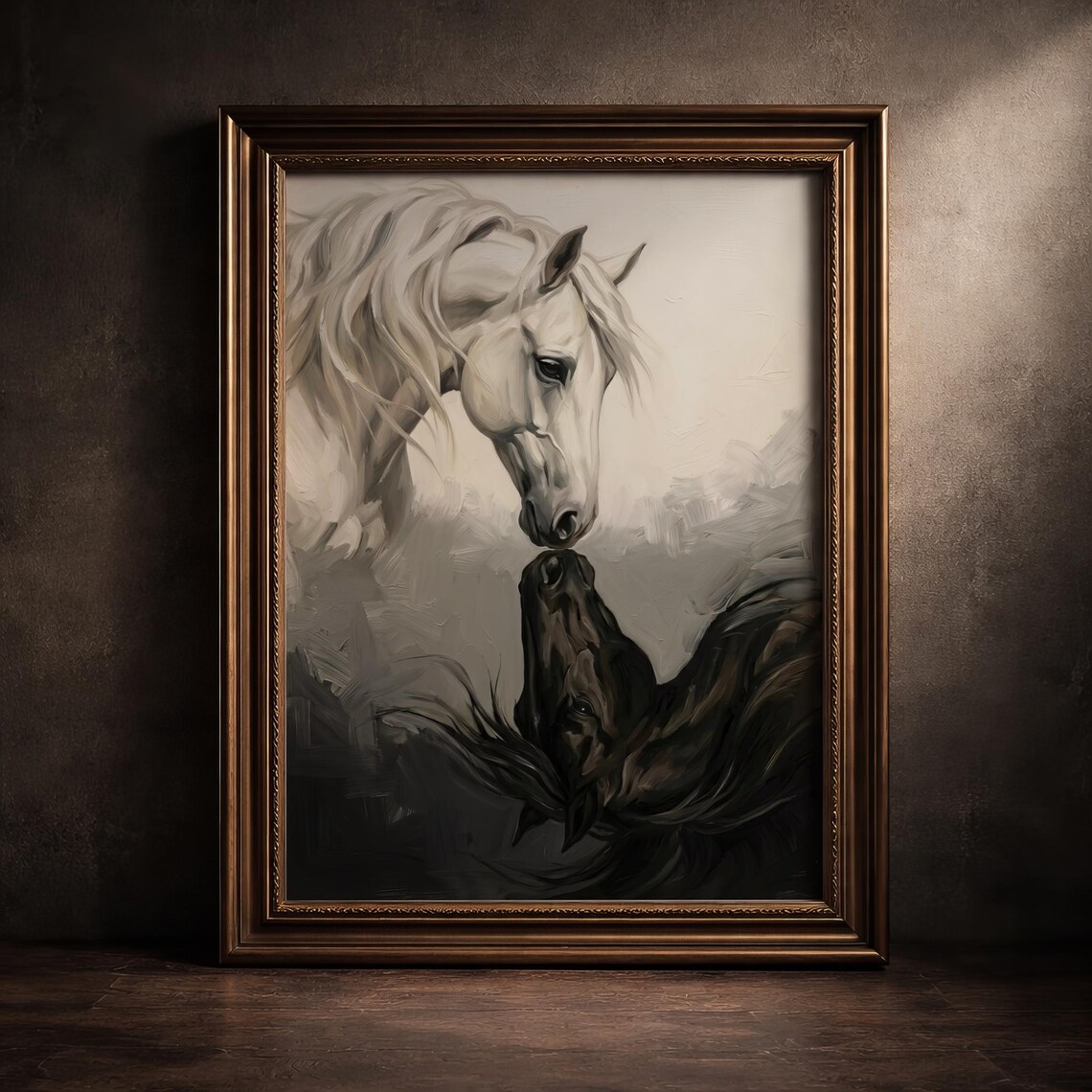 Yin Yang Horses Black White Moody Equine Nose Touching Poster