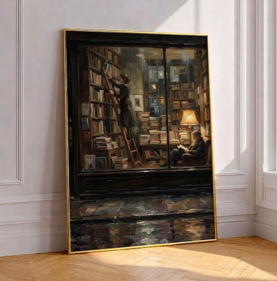 Cozy Bookshop Rainy Window Painting Print Moody Reading Nook Decor Antique Librarycore Bookish Art Dark Academia Library Bookshelf Poster