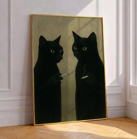 Black Cats Smoking Cigarette Art Print Vintage Moody Aristocat Painting Bar Cart Wall Decor Dark Humor Poster Digital Download