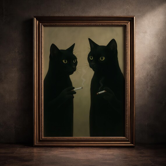 Black Cats Smoking Cigarette Art Print Dark Academia Wall Gothic Cat Painting Moody Aesthetic Decor Minimalist Alt Girl Room Poster