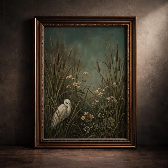 White Heron Marsh Art Print Vintage Moody Nature Painting Dark Green Botanical Poster Maximalism Decor Antique Wetland Artwork