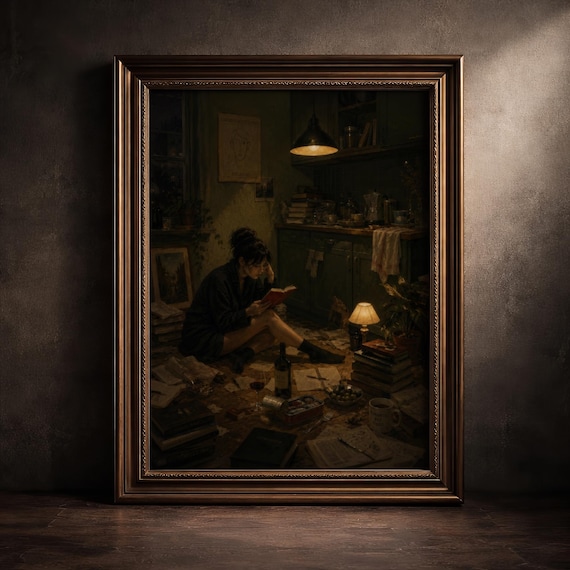Woman Reading Dark Academia Art Print Moody Library Decor Cozy Maximalist Apartment Artwork Literary Painting Digital Download