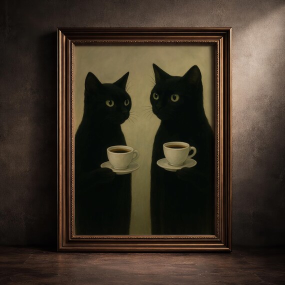 Black Cat Drinking Coffee Art Print Moody Animal Painting Dark Aesthetic Noir Alternative Home Bar Cart Gothic Kitchen Cafe Shop Decor