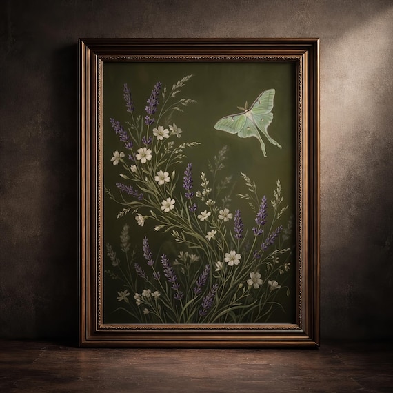 Moody Luna Moth Art Printable Vintage Lavender Botanical Print Cottagecore Dark Academia Decor Antique Wildflower Digital Download