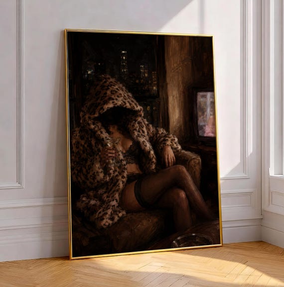 Moody Feminine Leopard Coat Martini Art Print Dark Y2k Bedroom Poster Luxury Fashion Old Money Wall Decor Glam Bar Cart Painting