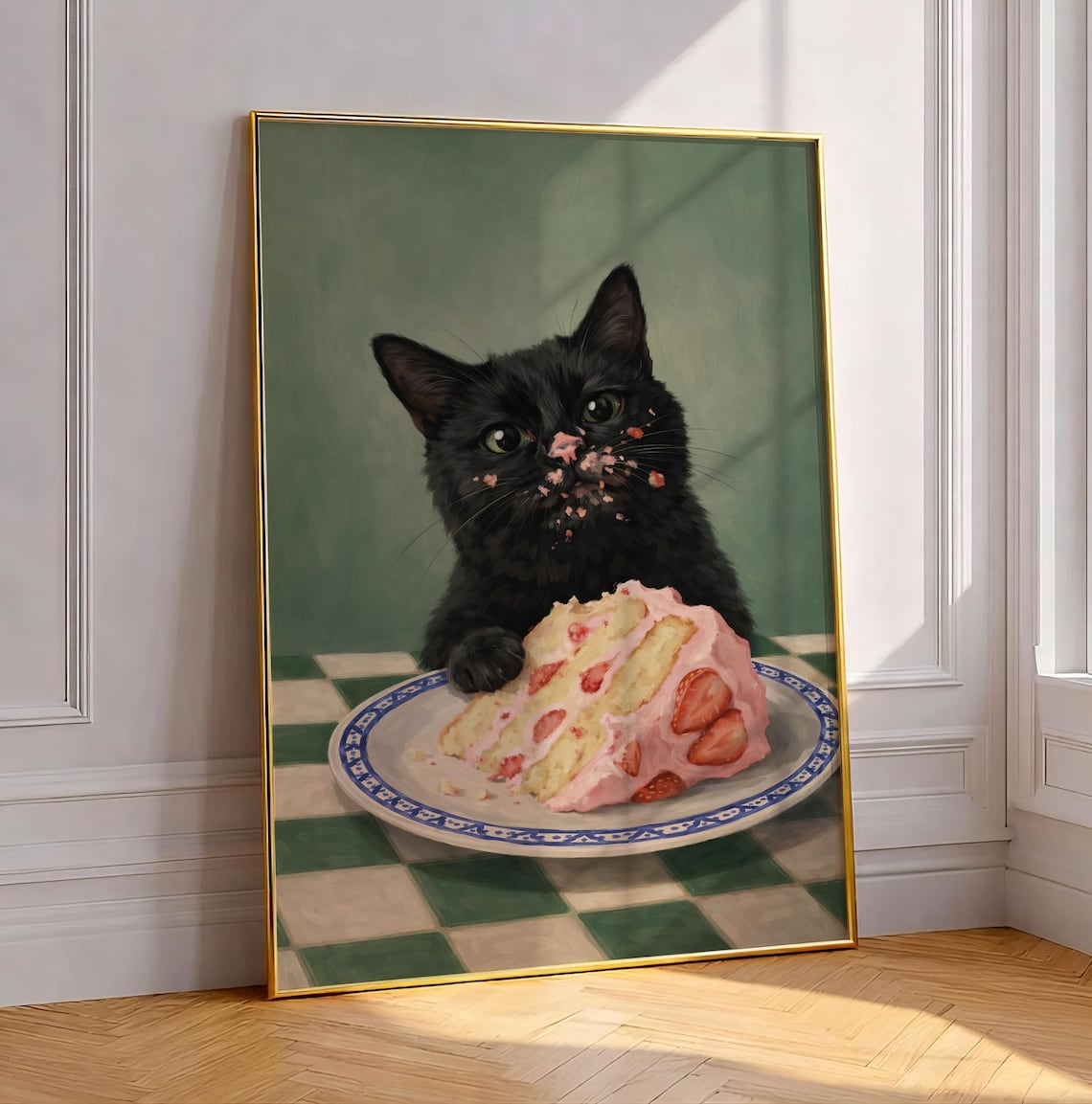 Black Cat Eating Cake, Whimsical Kitchen Art Print