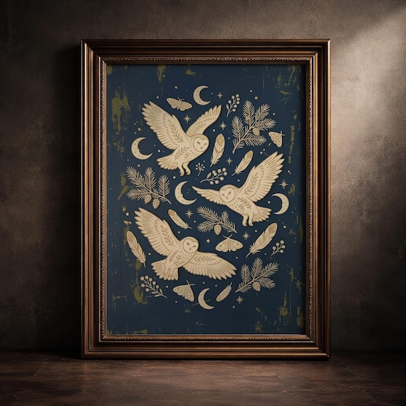 Moody Celestial Owl Print Dark Academia Wall Art Antique Woodcut Bird Poster Witchy Cottagecore Decor Goth Printable Digital Download