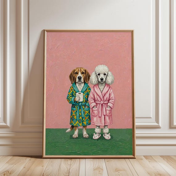 Funny Dog Art Print Beagle Poodle In Bathrobes Quirky Bathroom Decor Maximalist Dogs Gift Colorful Poster Digital Download