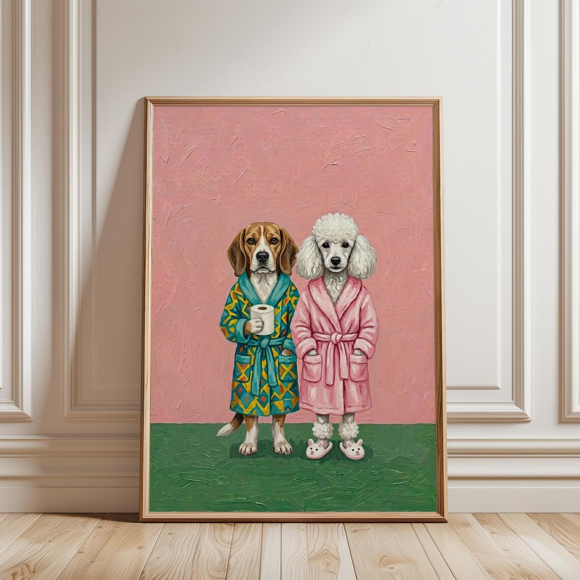 Funny Dog Bathrobe Art Beagle Poodle Quirky Bathroom Decor Maximalist Poster