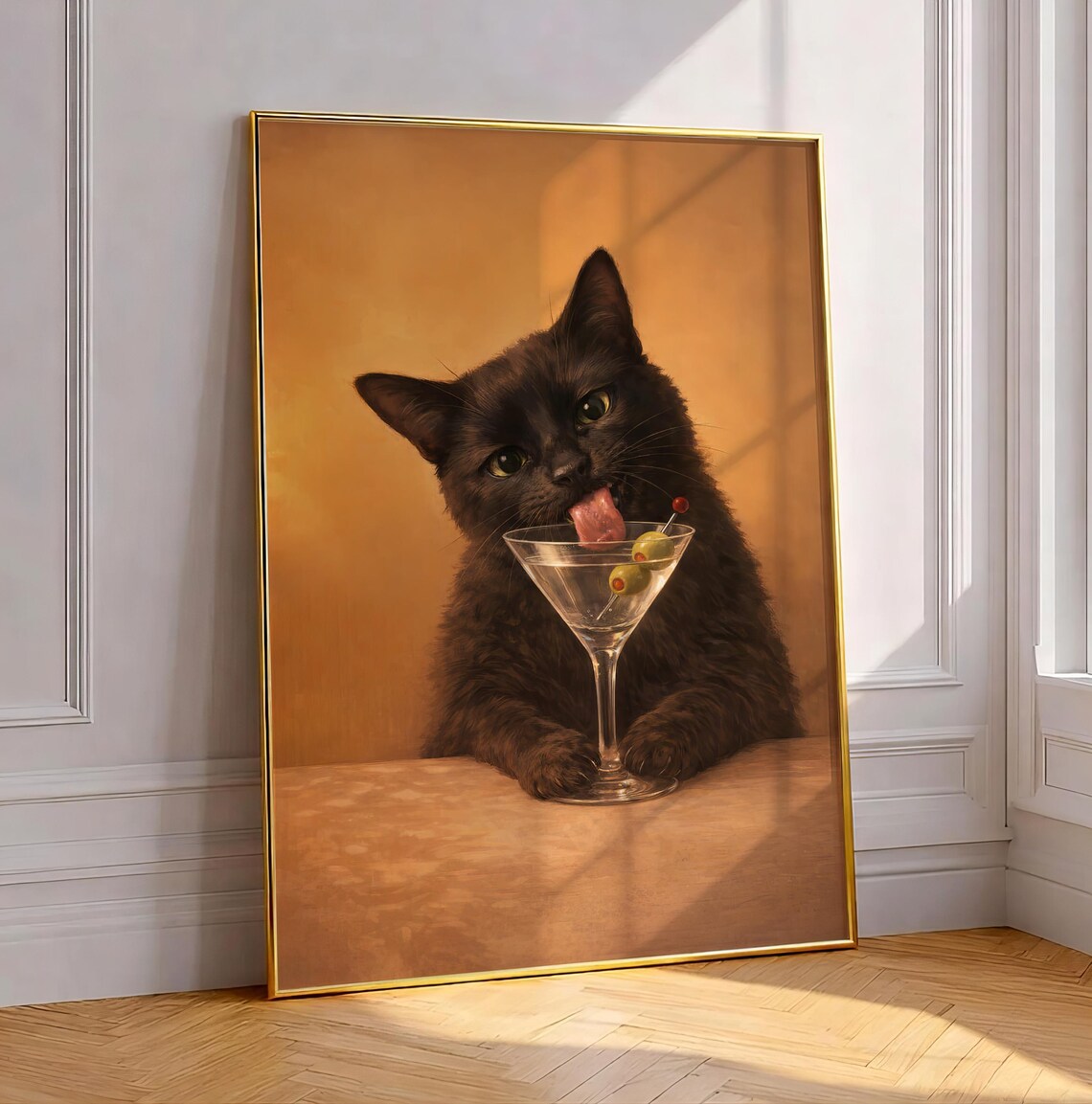 Black Cat Martini Glass Art Print, Home Bar Decor